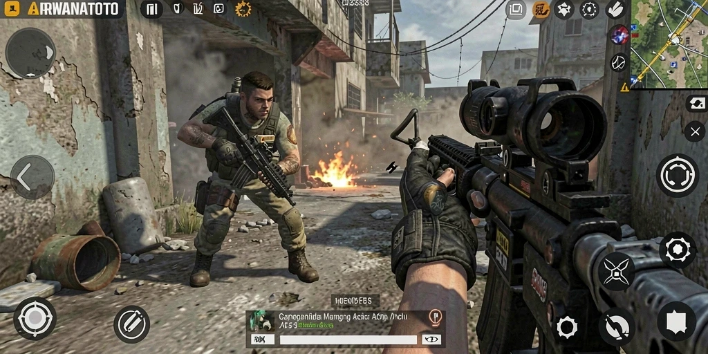 Gameplay ARWANATOTO yang intens dan menegangkan saat bertempur di medan perang.