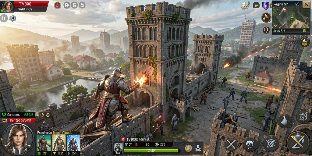 Tangkapan layar gameplay TV888 dengan menara yang strategis.